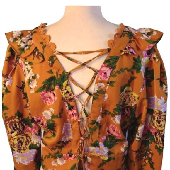 Milk & Honey Rustic Floral Lace Up Ruffled Long Sleeve Crop Blouse Large NWOT - Picture 13 of 15